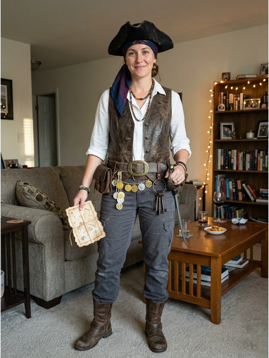 DIY Treasure Hunter Pirate Costume. Wear practical cargo pants, a white shirt, waistcoat, and sturdy boots. Carry a handmade treasure map and attach faux coins, keys, and small pou