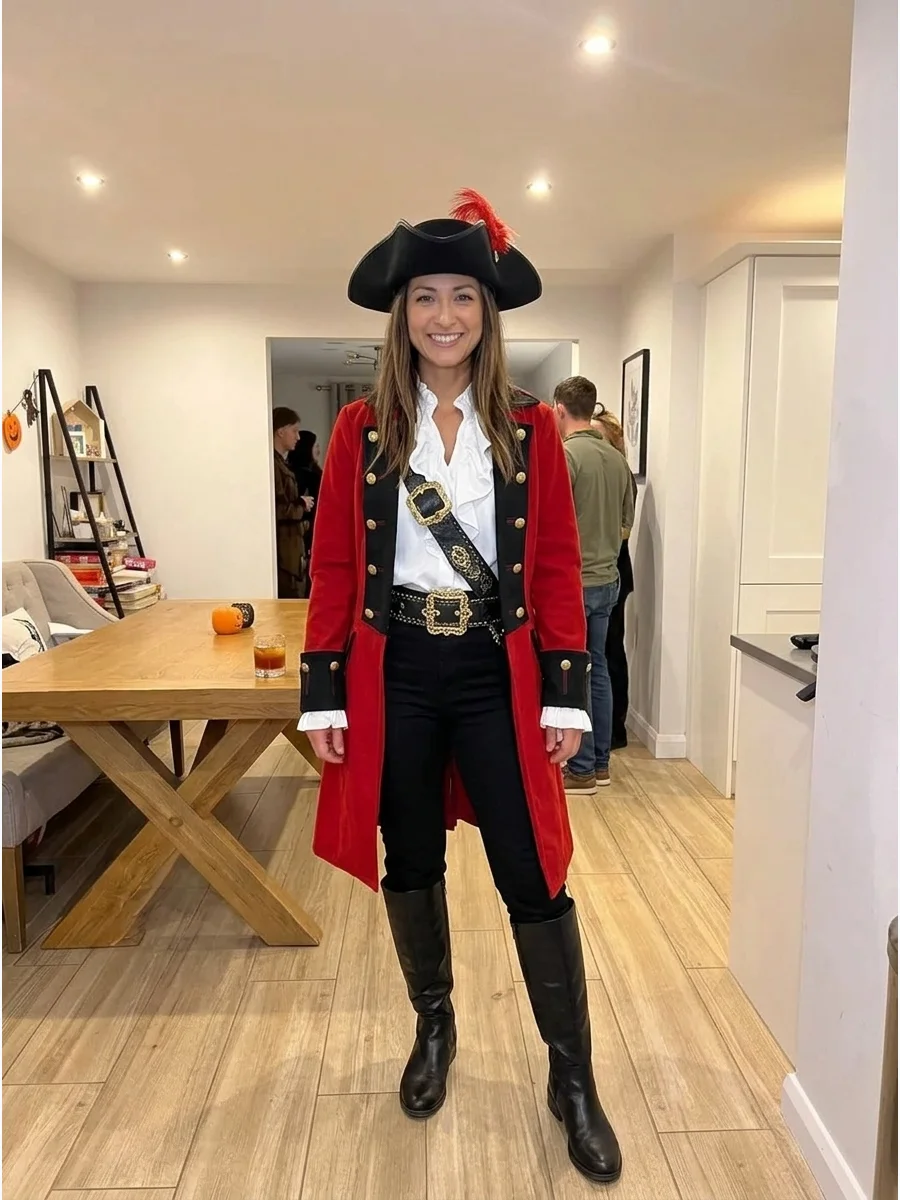 Red-Coat Pirate Captain. Wear a long red captain’s coat with black trousers, a white ruffled blouse, and tall boots. Gold buttons, a feathered hat, and a decorative belt will give