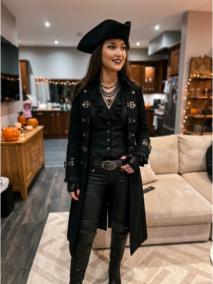Black Pirate Captain Costume. Create an all-black outfit with a long coat, waistcoat, fitted pants, gloves, and boots. Use silver buckles and dark metallic jewelry to prevent the c