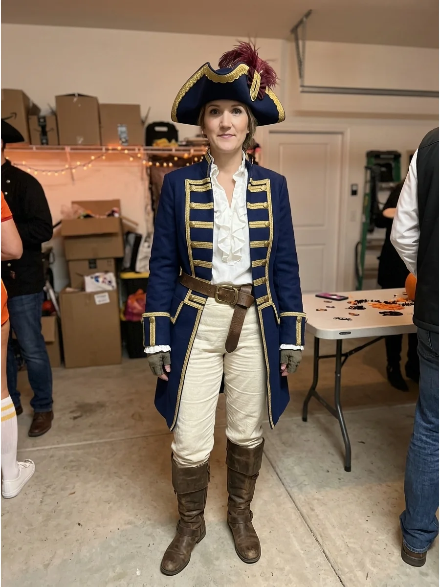 Navy Pirate Captain Costume. Choose a navy military-style coat with gold trim and pair it with cream trousers or a long skirt. Add a white blouse, brown boots, and an elaborate tri