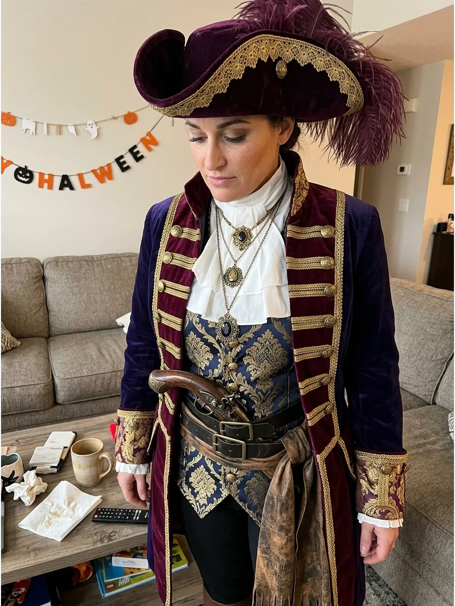 Royal Pirate Captain Costume. Combine deep purple, burgundy, navy, and gold for a luxurious captain’s outfit. Velvet textures, decorative buttons, brocade fabric, and a feathered h