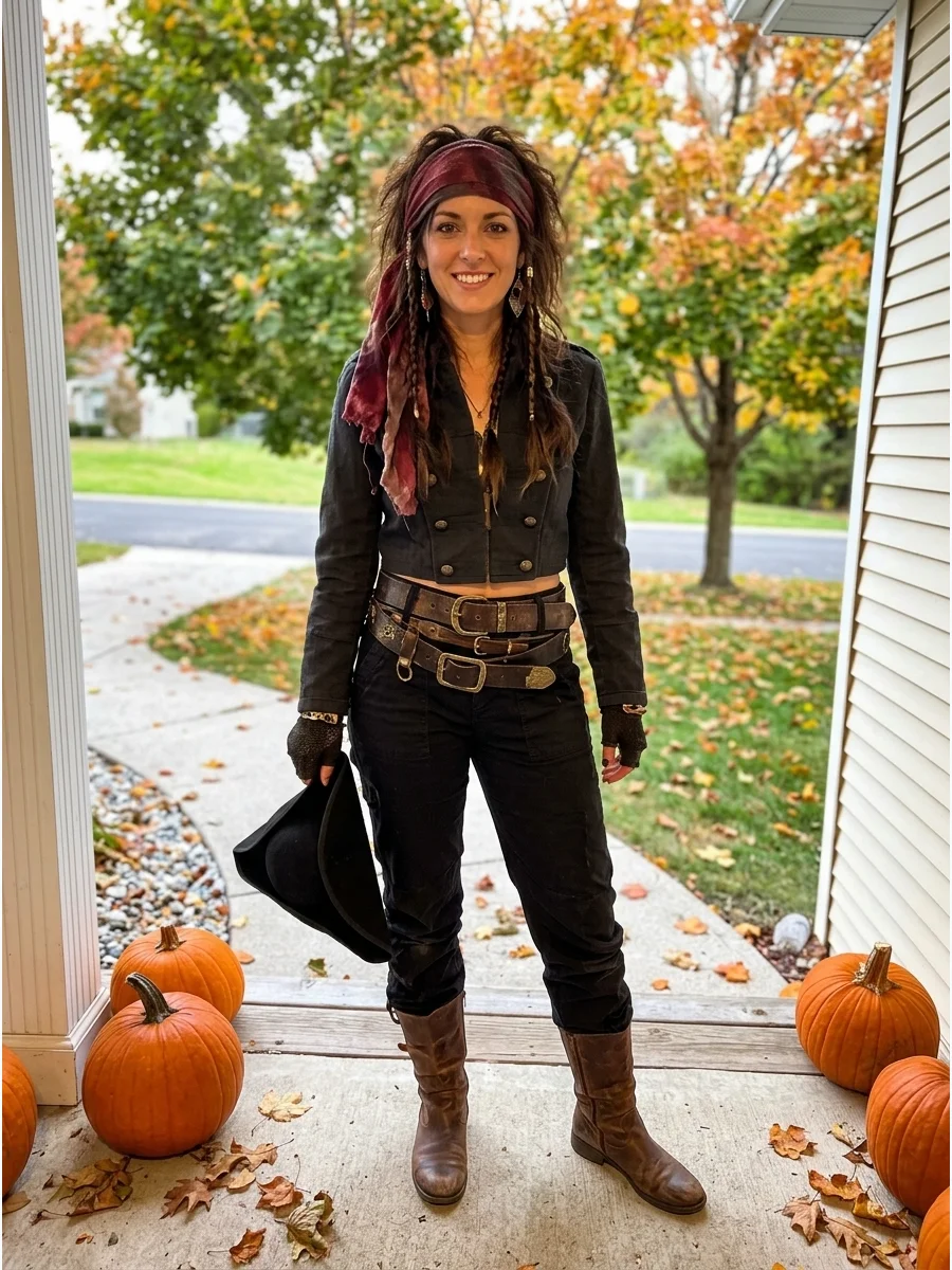 Rebel Pirate Captain Costume. Wear a cropped military jacket with dark trousers, multiple belts, and rugged boots. Add messy braids, mismatched earrings, fingerless gloves, and a w