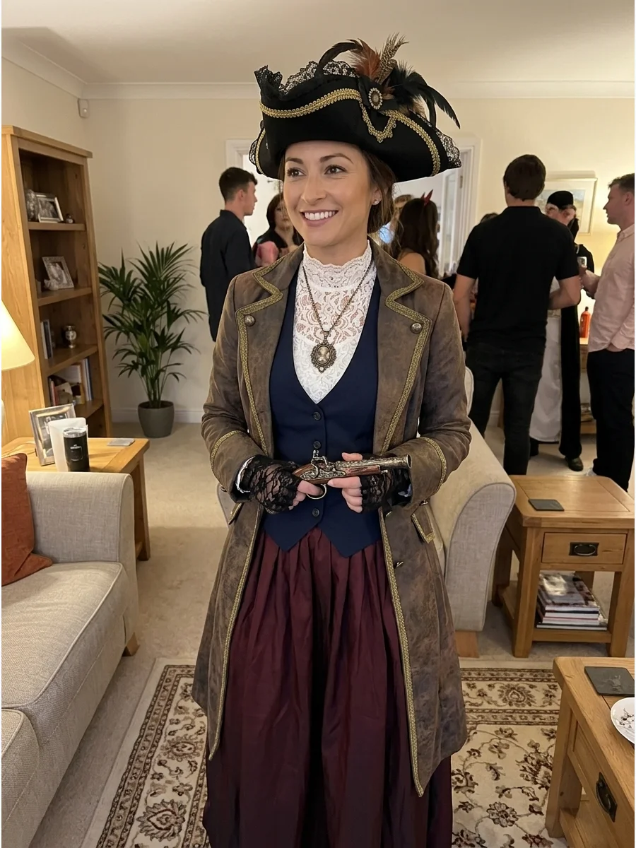 Victorian Pirate Captain Costume. Layer a high-neck blouse under a fitted waistcoat and long tailored coat. Add a full skirt, lace gloves, antique-style jewelry, and a decorated ca
