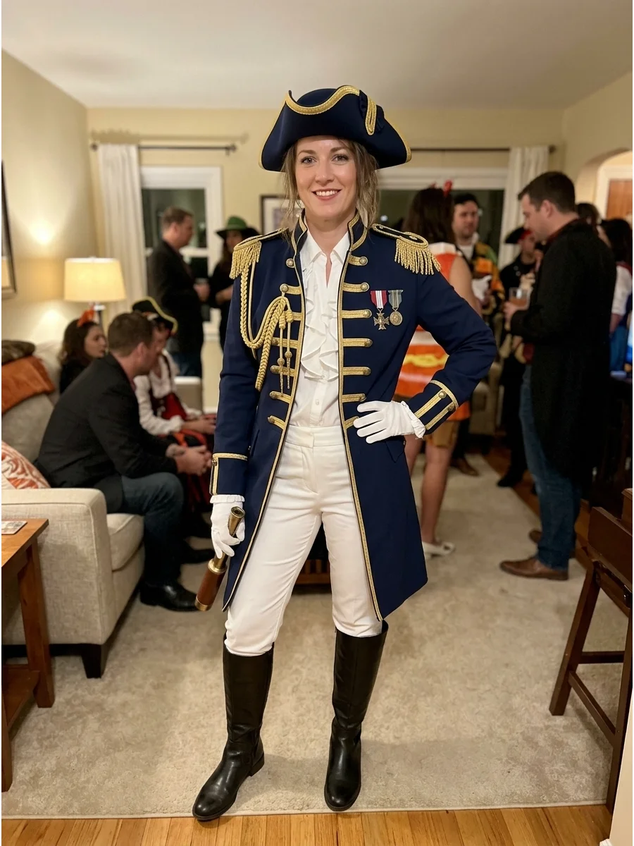 Pirate Admiral Costume. Create a formal costume with a structured navy coat, gold shoulder details, white trousers, and polished boots. Add medals, decorative cords, gloves, and a