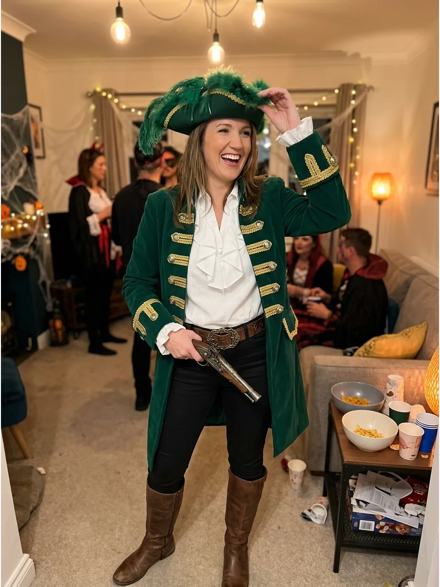 Emerald Pirate Captain Costume. Use a dark green coat or vest as the main feature and combine it with black pants and brown boots. Gold trim, green gemstones, and a feathered hat m