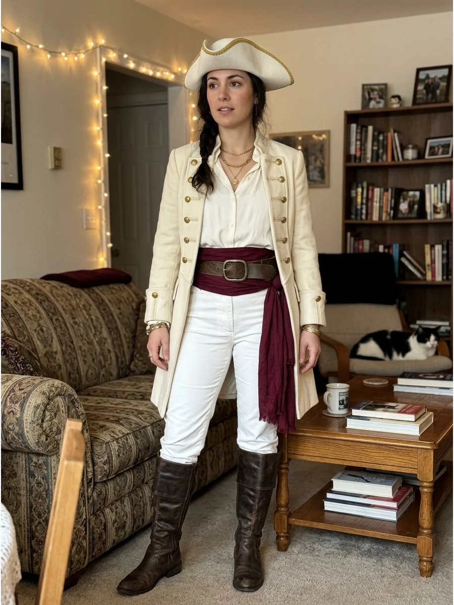 White Pirate Captain Costume. Wear a white or cream captain’s coat over a matching blouse and trousers. Contrast the light outfit with a brown belt, dark boots, gold details, and a