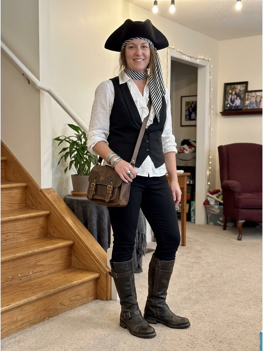 Black-and-White Pirate Costume. Create a coordinated outfit using a white ruffled blouse, black fitted pants, and a black waistcoat. Finish the costume with a black tricorn hat, st