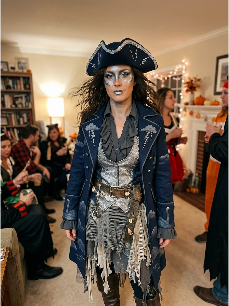 Stormy Sea Captain Costume. Build the costume with shades of navy, charcoal, silver, and gray. Add layered fabric, windswept hair, metallic makeup, and cloud or lightning details f