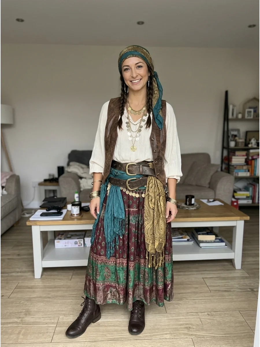 Bohemian Pirate Costume. Pair a flowing blouse with a patterned maxi skirt, brown vest, and layered scarves. Add coin jewelry, braided hair, leather-style belts, and ankle boots fo