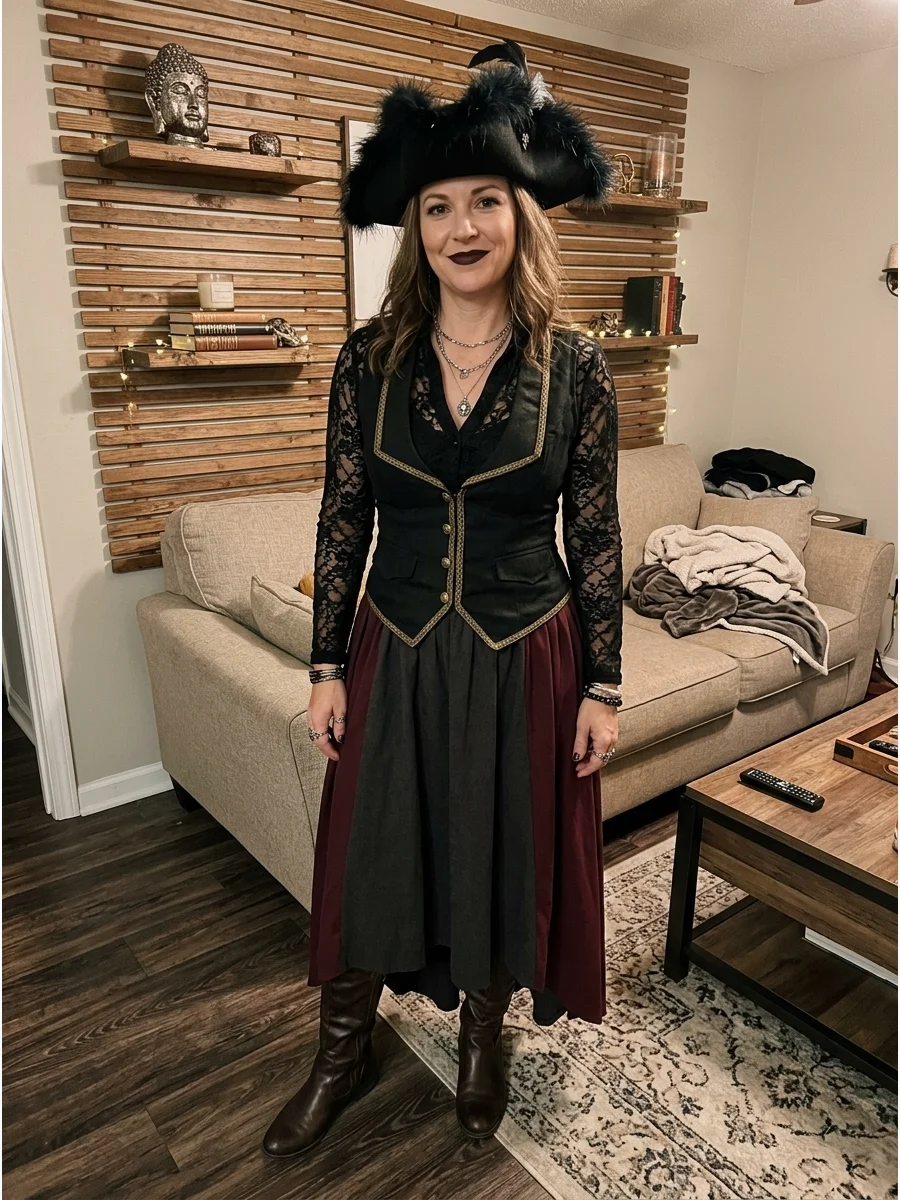 Gothic Pirate Costume. Wear a black lace blouse, long dark skirt, structured waistcoat, and platform or knee-high boots. Finish the costume with dark lipstick, silver jewelry, and