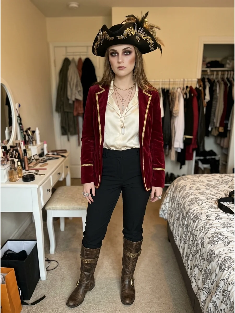 Glamorous Pirate Costume. Combine a velvet jacket with a satin blouse, tailored trousers, and decorative boots. Add crystal jewelry, gold accessories, dramatic makeup, and an embel