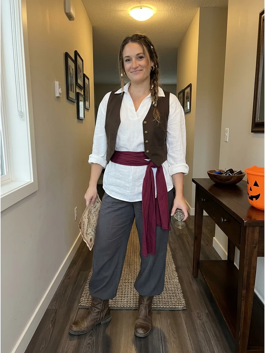 Modern Pirate Costume. Style wide-leg trousers with a cropped vest, oversized white shirt, and structured boots. Keep the colors neutral and add one bold accessory, such as a burgu