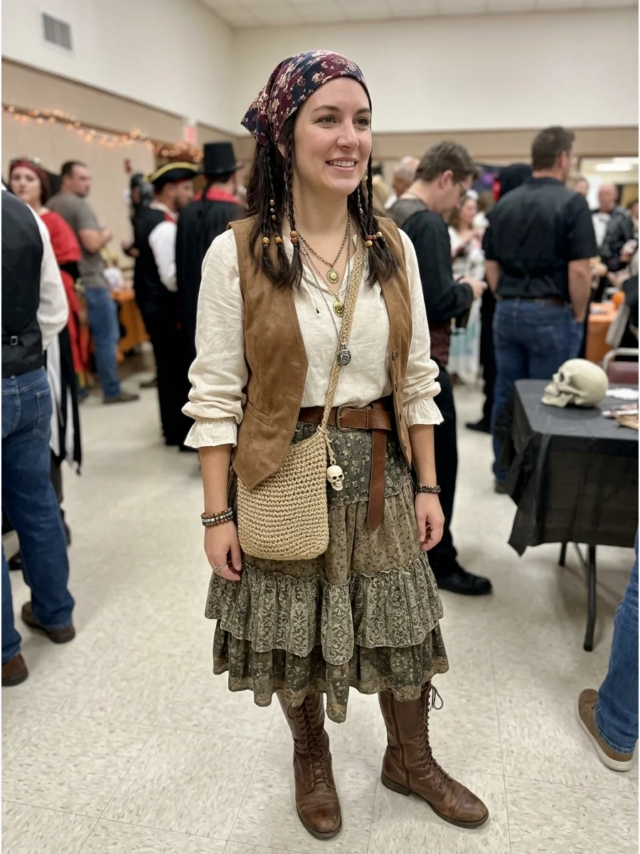 Cottagecore Pirate Costume. Wear a linen blouse, soft brown vest, tiered skirt, and lace-up boots. Add a floral headscarf, small braids, handmade jewelry, and a woven treasure bag.