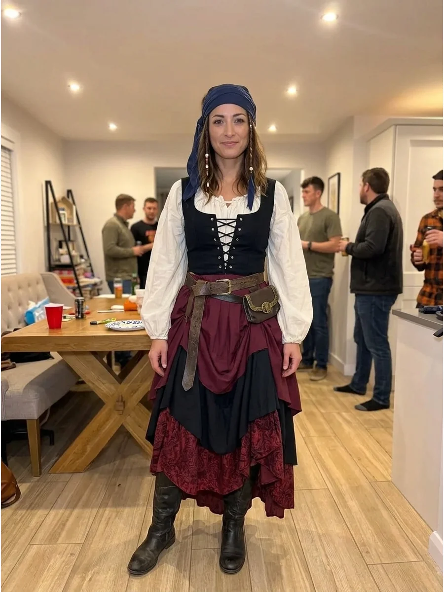 Renaissance Pirate Costume. Combine a full peasant blouse with a lace-up bodice-inspired vest and layered ankle-length skirt. Complete the historical fantasy look with leather-styl
