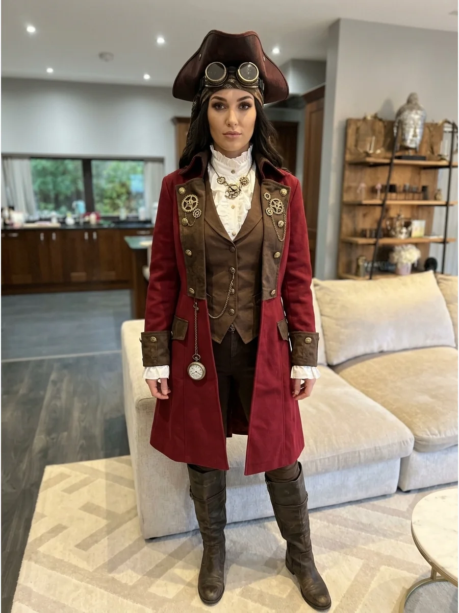 Steampunk Pirate Costume. Mix a pirate captain’s coat with a brown waistcoat, high-neck blouse, boots, and brass-colored accessories. Add goggles, gears, a pocket watch, and mechan