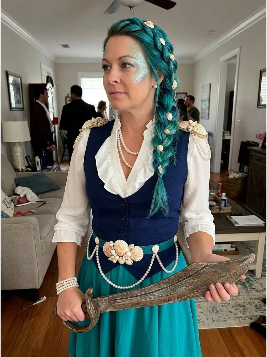 Mermaid Pirate Costume. Blend sea-inspired colors with classic pirate clothing by wearing a teal or blue skirt, white blouse, and fitted vest. Add pearl jewelry, seashell details,