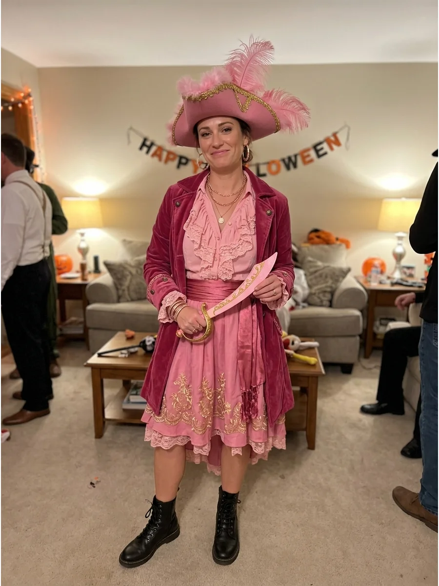 Pink Pirate Costume. Choose a pink blouse, skirt, or captain’s coat and combine it with black boots and accessories. Use rose-gold jewelry, a pink feathered hat, and a matching sas