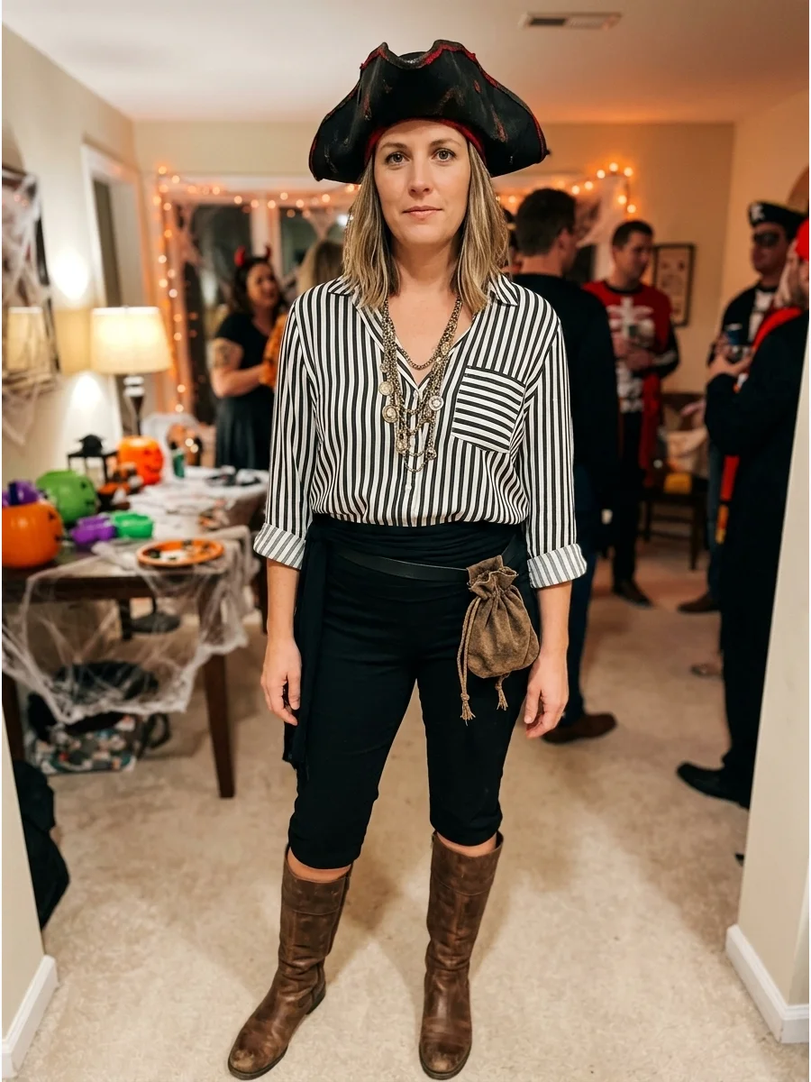 Striped-Shirt Pirate Costume. Wear a black-and-white or red-and-white striped shirt with cropped black pants and tall boots. Add a waist sash, pirate hat, layered necklaces, and a