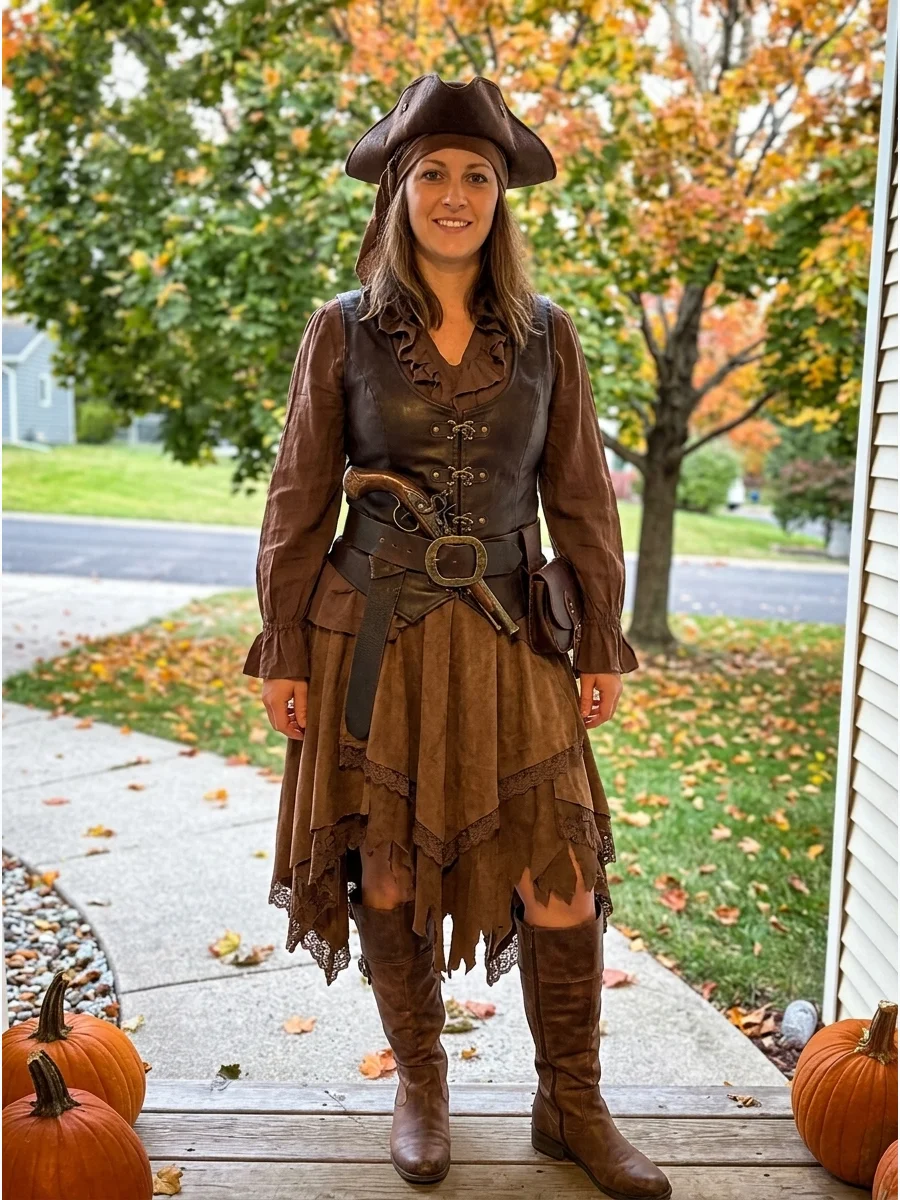 All-Brown Pirate Costume. Layer several shades of brown through a blouse, vest, skirt, belts, and boots. Different fabrics such as faux leather, linen, suede-style material, and la
