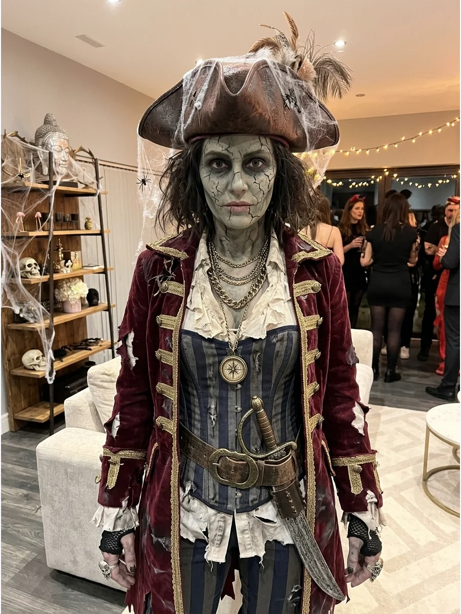 Undead Pirate Captain. Transform a captain costume with torn edges, faded colors, cracked-style makeup, and cobweb details. Use gray and green costume makeup instead of graphic eff