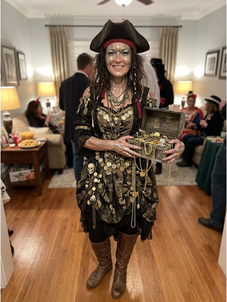 Cursed Treasure Pirate. Wear a black-and-gold pirate outfit covered with faux coins and antique-looking jewelry. Add metallic makeup around your hands and face to suggest that the
