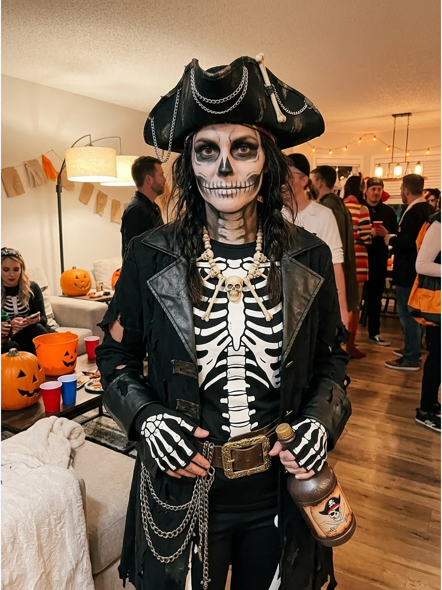 Skeleton Pirate Costume. Combine a black pirate coat and hat with a skeleton-print shirt, gloves, or face makeup. Add silver chains, distressed fabric, and a bone-colored necklace