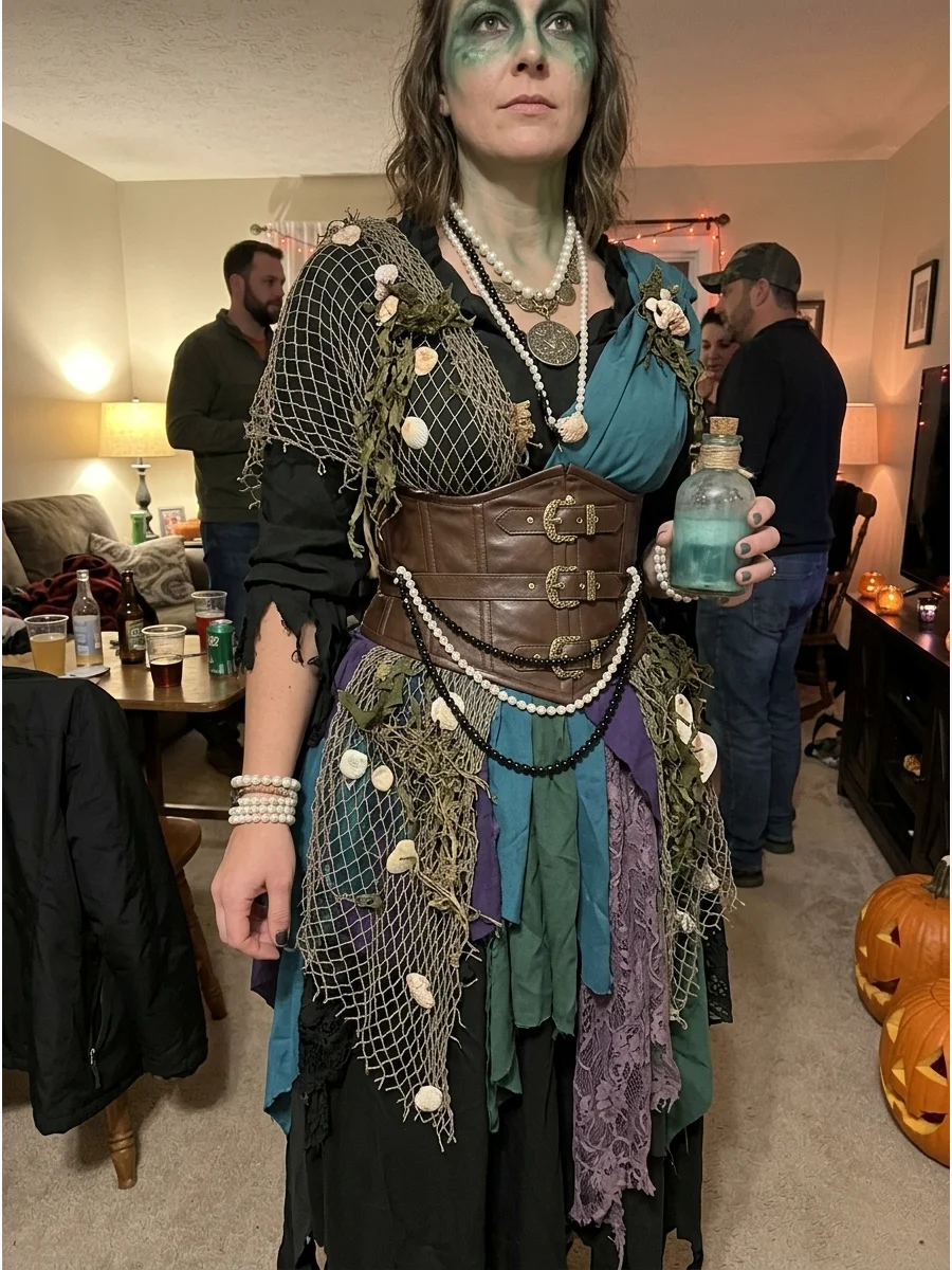 Sea Witch Pirate Costume. Create a dark ocean look with black, teal, green, and purple clothing. Add netting, shells, seaweed-inspired fabric, pearl jewelry, and mysterious green m