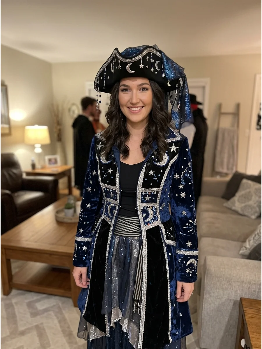 Moonlight Pirate Costume. Use midnight blue, black, and silver pieces to create a pirate inspired by the night sky. Decorate the hat and coat with small moons, stars, beads, and sh