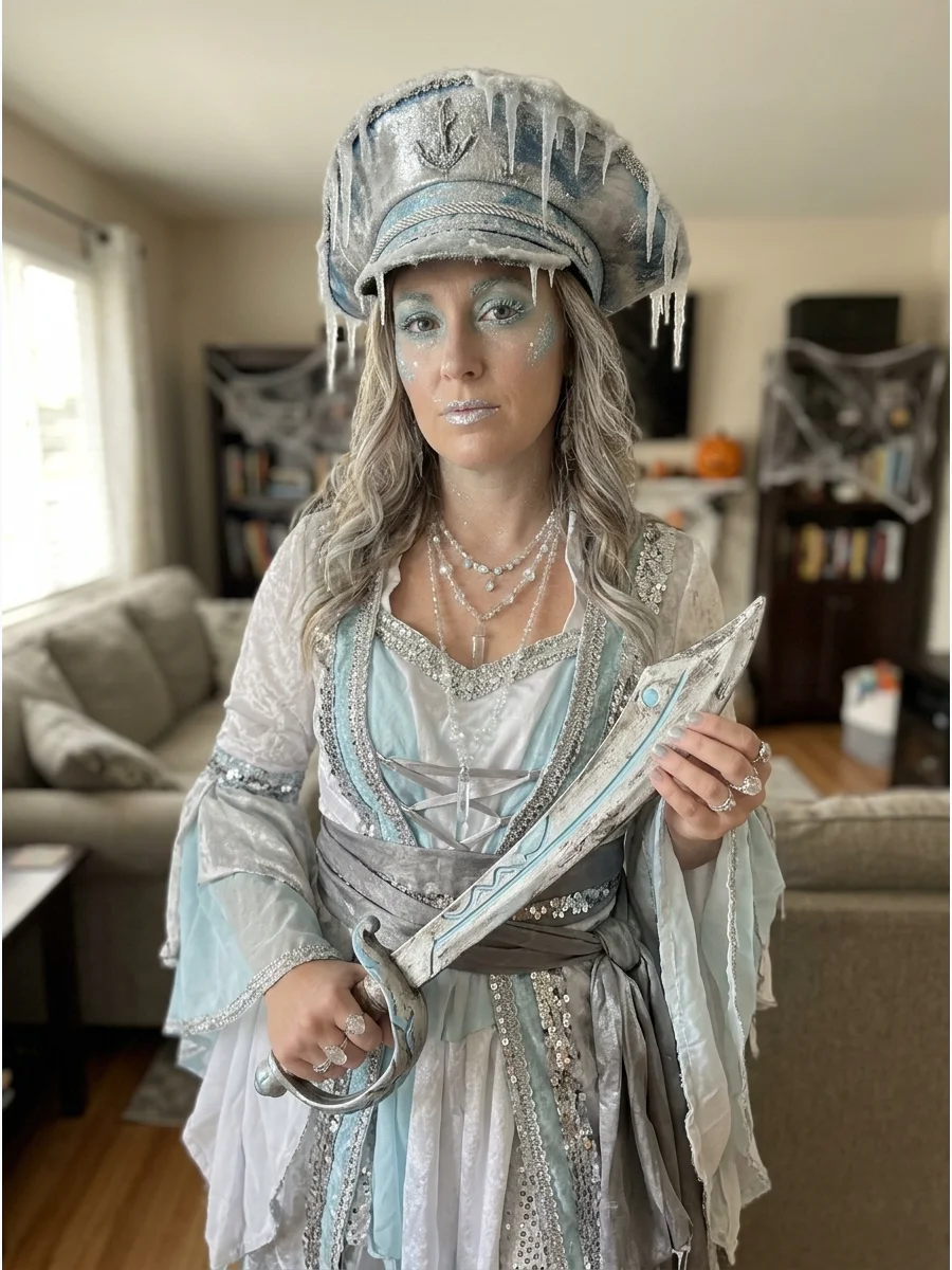 Ice Pirate Costume. Build the outfit with white, pale blue, silver, and gray clothing. Add sparkling trim, icy makeup, crystal accessories, and a frost-covered captain’s hat. Pirat
