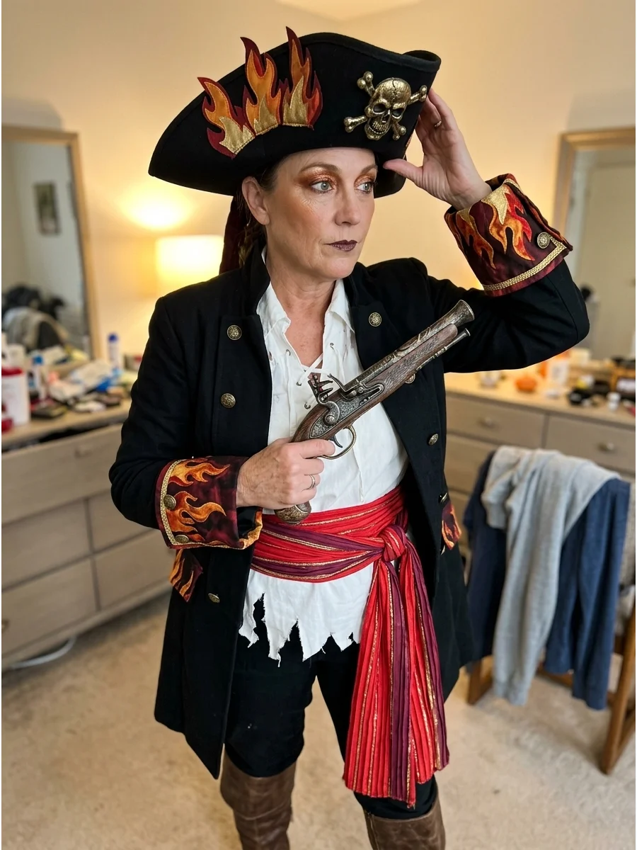 Fire Pirate Costume. Combine a black pirate outfit with red, orange, and gold fabric accents. Add flame-shaped hat decorations, metallic eye makeup, and a bright sash for a fiery f