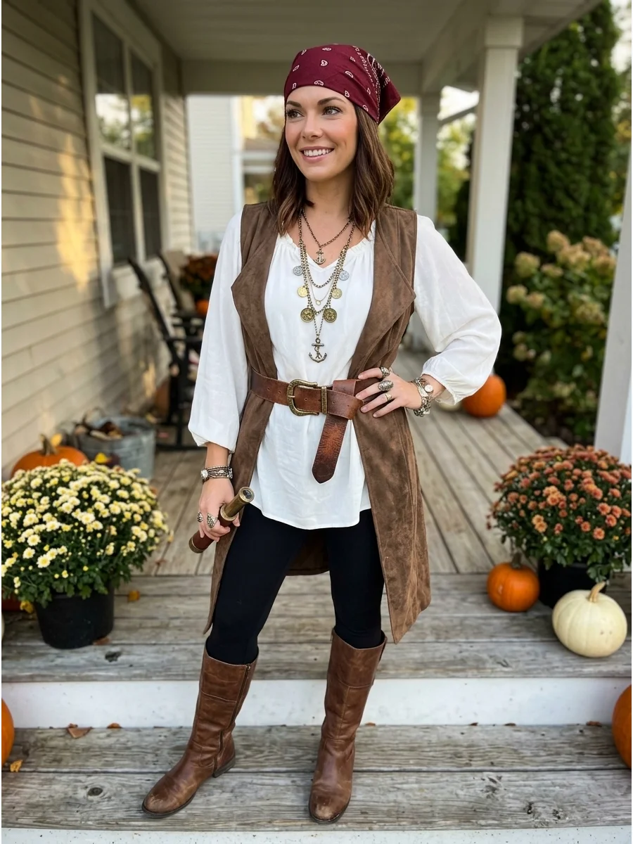 Pirate Costume With Leggings. Combine comfortable black leggings with an oversized white blouse and a long brown or black vest. Cinch the layers with a wide belt and complete the o