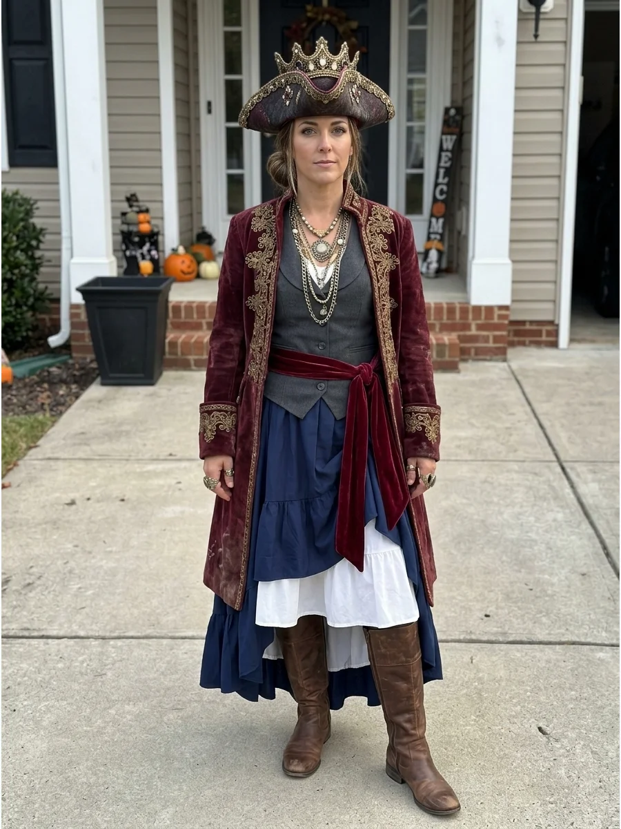 Pirate Queen Costume. Create a powerful final look with a long embroidered coat, structured waistcoat, flowing skirt or trousers, and tall boots. Complete the costume with a jewele