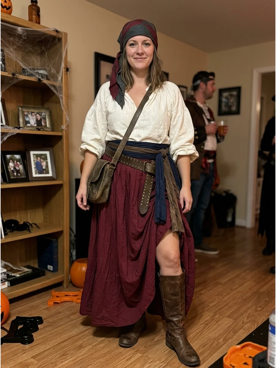 Pirate Costume With a Maxi Skirt. Style a long black, brown, or burgundy skirt with a loose peasant blouse. Tuck one side of the skirt into your belt to create an asymmetrical shap