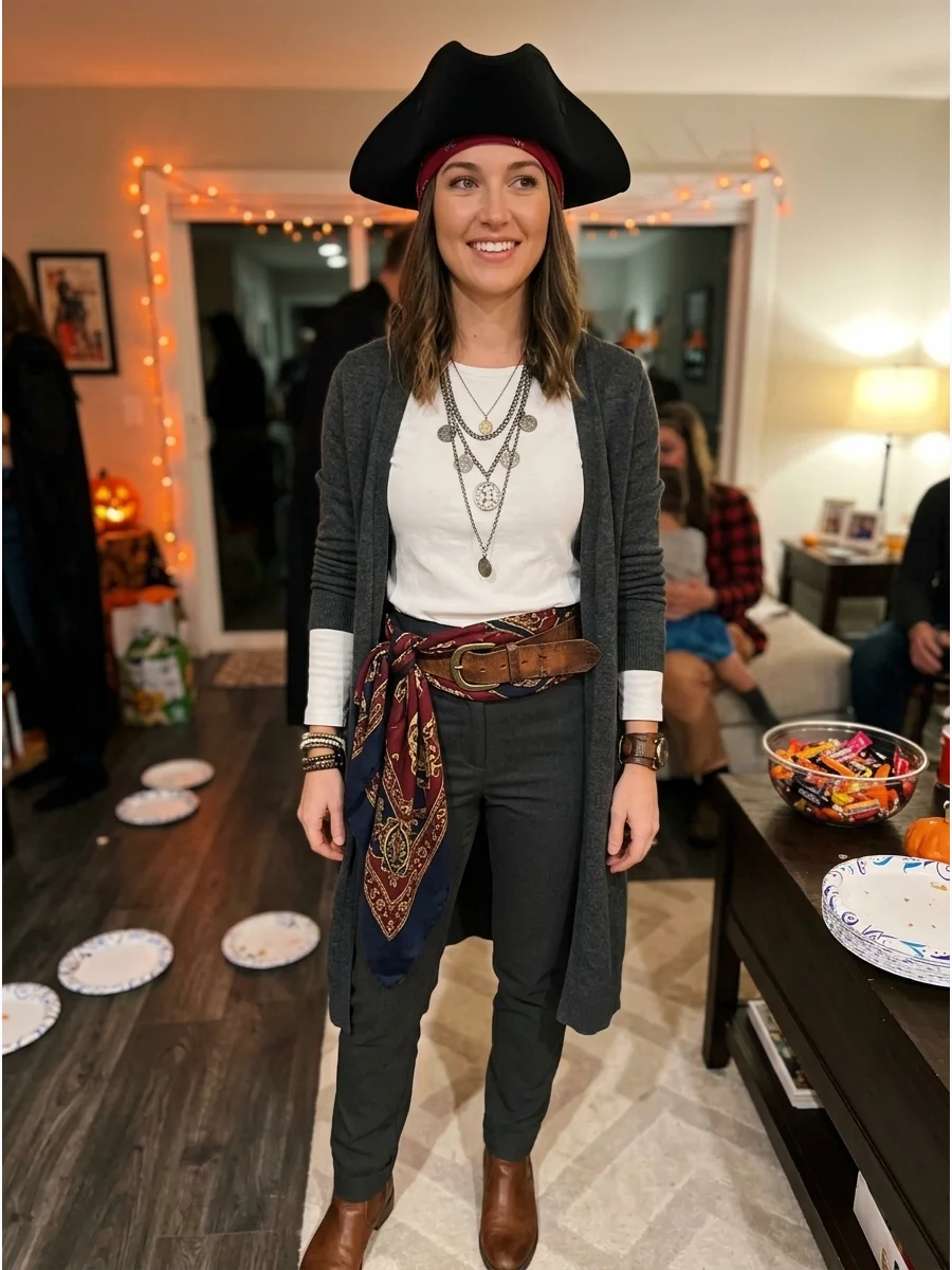 Pirate Costume With Normal Clothes. Build the costume around a plain white shirt, dark trousers, ankle boots, and a long cardigan or vest. Accessories such as a scarf, belt, hat, c