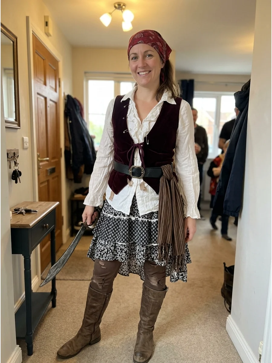 No-Sew Pirate Costume. Use safety pins, fabric tape, and existing wardrobe pieces to create a pirate look without sewing. Layer a blouse, vest, skirt, scarves, and belts, leaving t