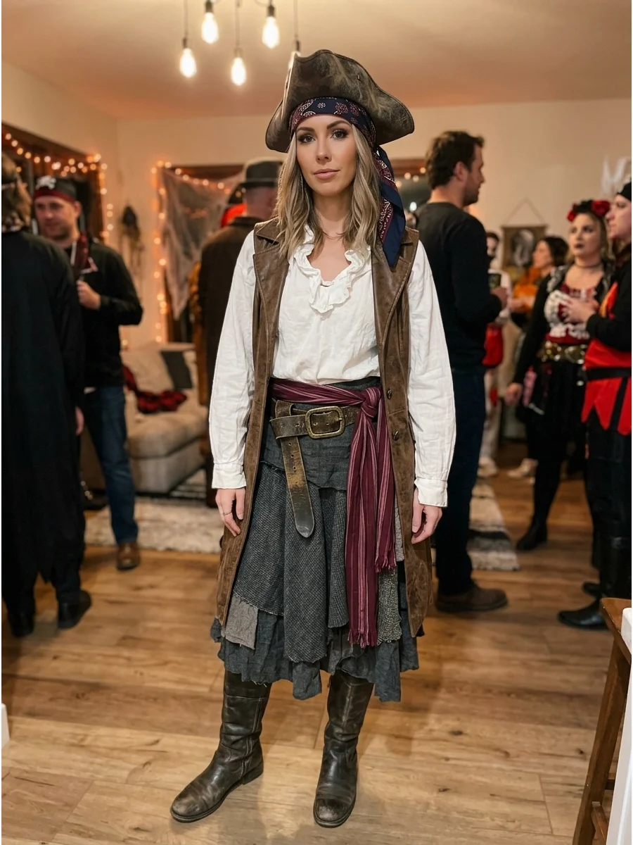Budget Thrift-Store Pirate Costume. Look for an oversized blouse, long vest, textured skirt, vintage belt, and worn-looking boots at a thrift store. Mixing fabrics and slightly mis