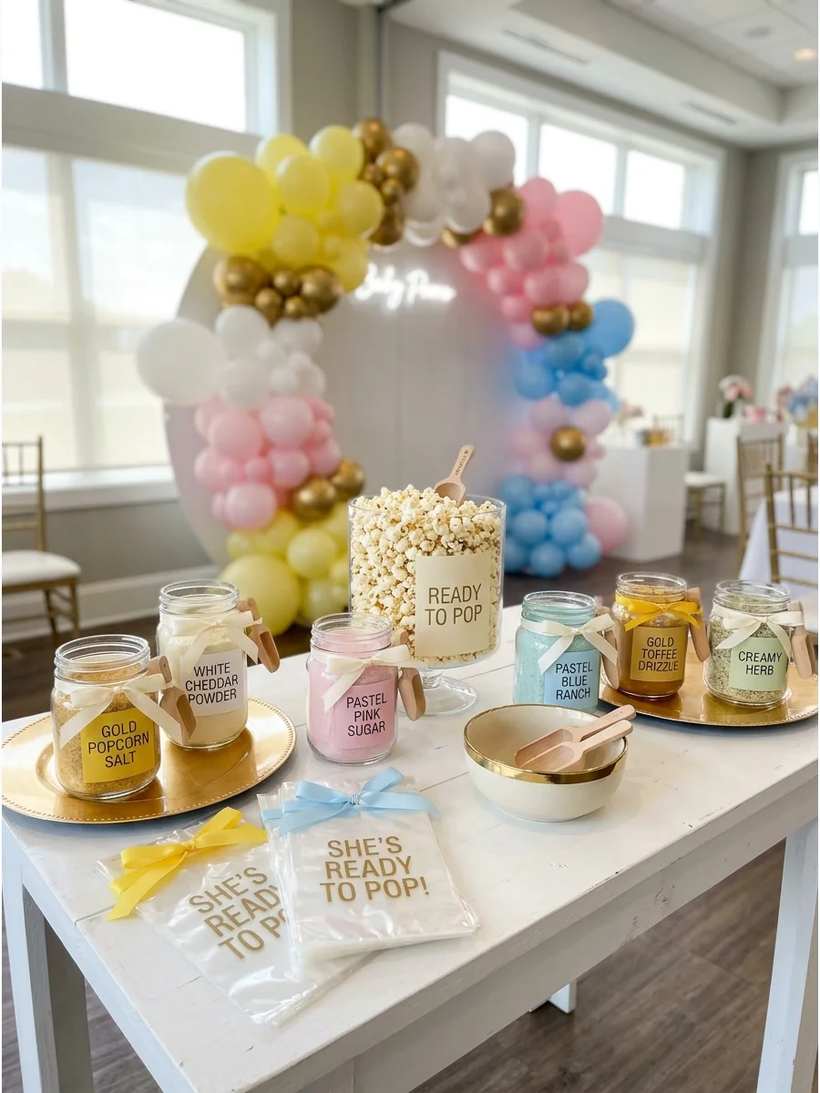 A gourmet popcorn seasoning station with glass jars and wooden scoops on a white table.