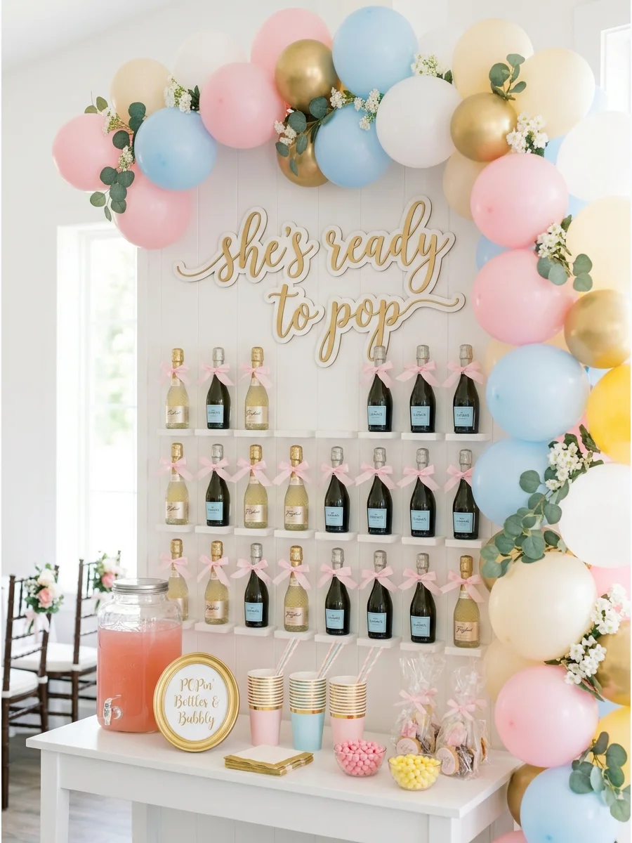 A white wooden wall displaying mini prosecco bottles with pink ribbons.