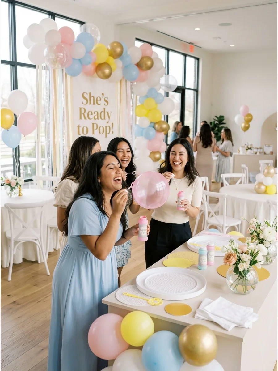 Guests participating in a bubble gum blowing contest at a baby shower.