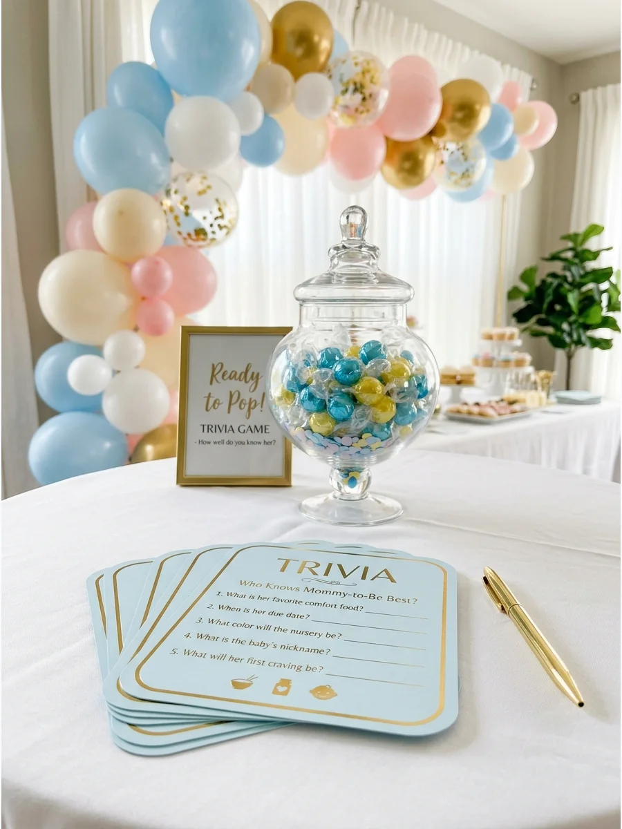 Pastel blue and gold trivia cards on a white tablecloth.