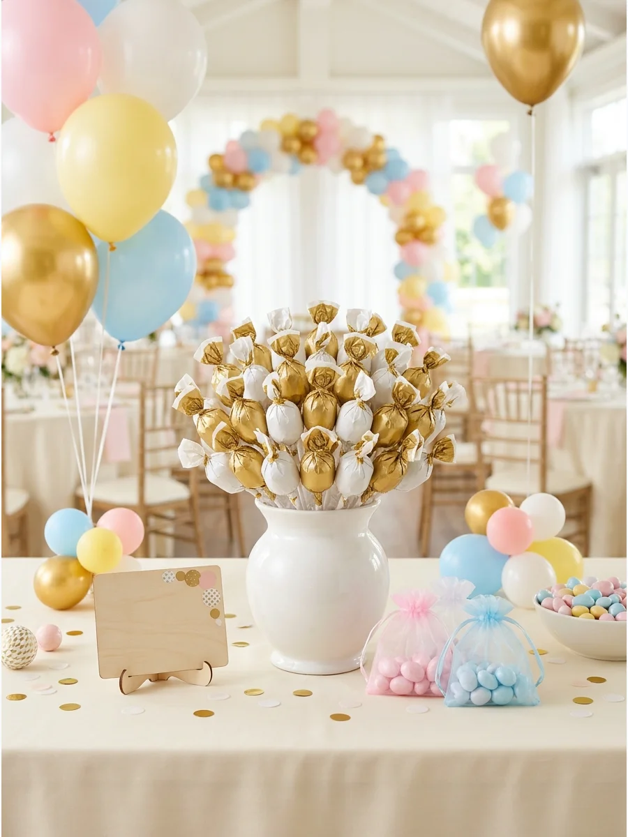 A candy bouquet made of Blow Pops in a white vase.