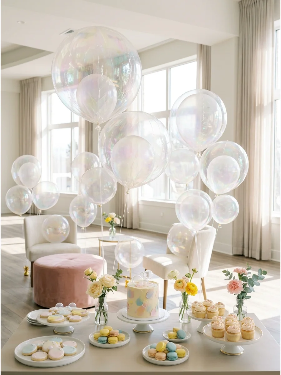 Clear balloons wrapped in iridescent cellophane floating in a bright room.