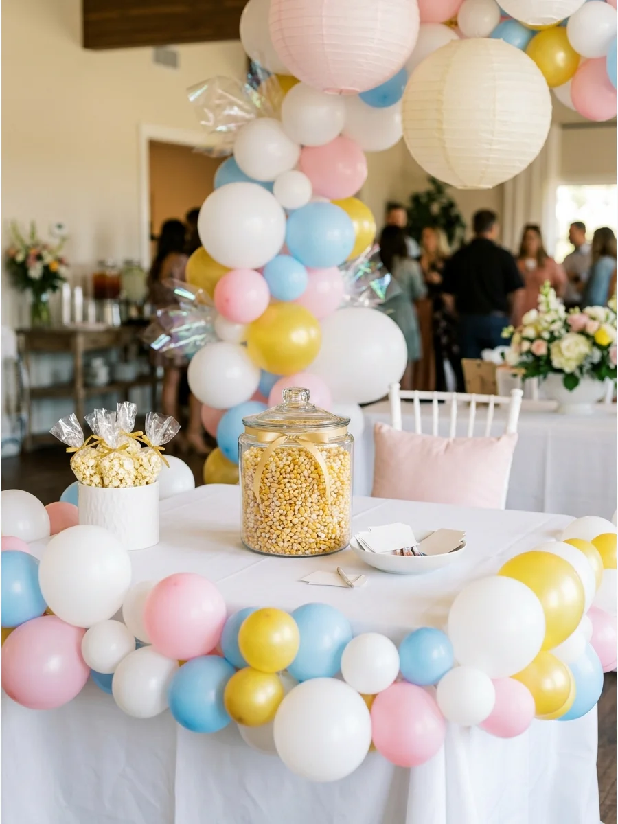 A glass jar filled with popcorn kernels for a guessing game.