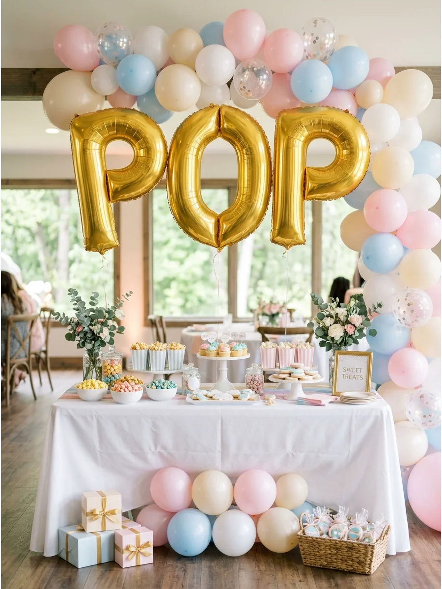 Gold foil balloons spelling the word POP above a dessert table.