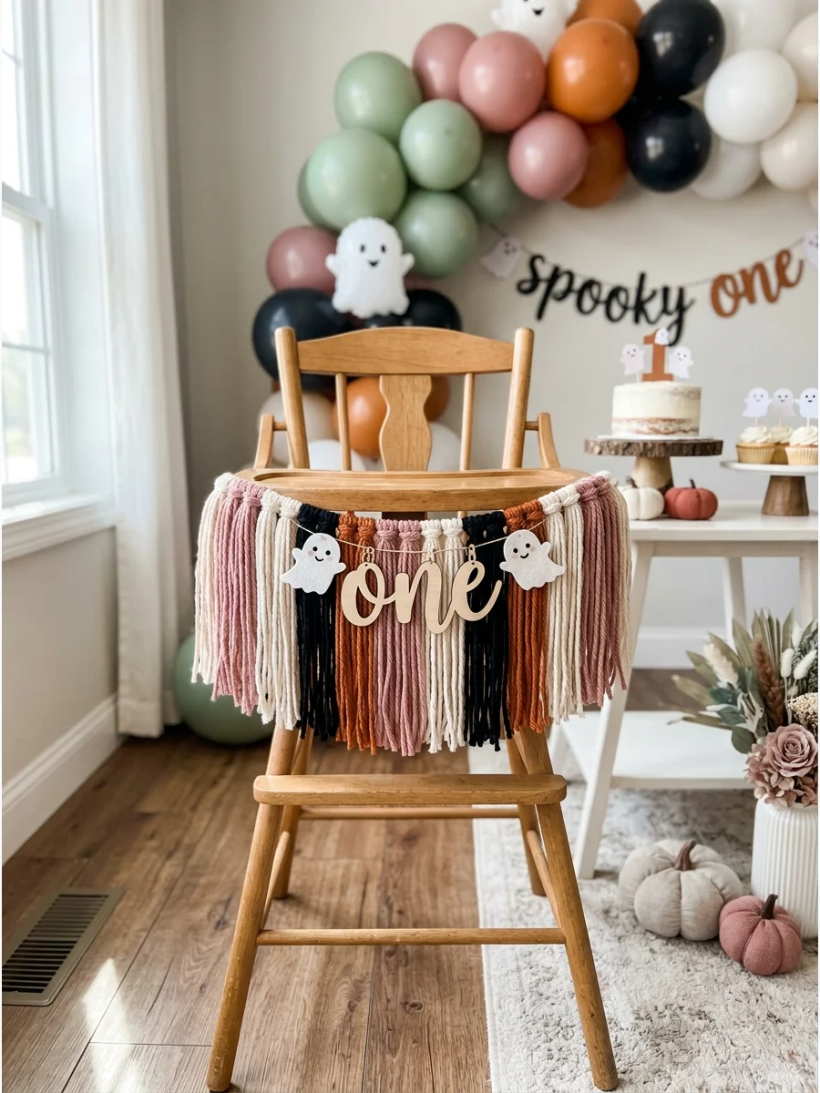 A high chair decorated with a pink, cream, and black fabric fringe banner and felt ghosts for a first birthday.