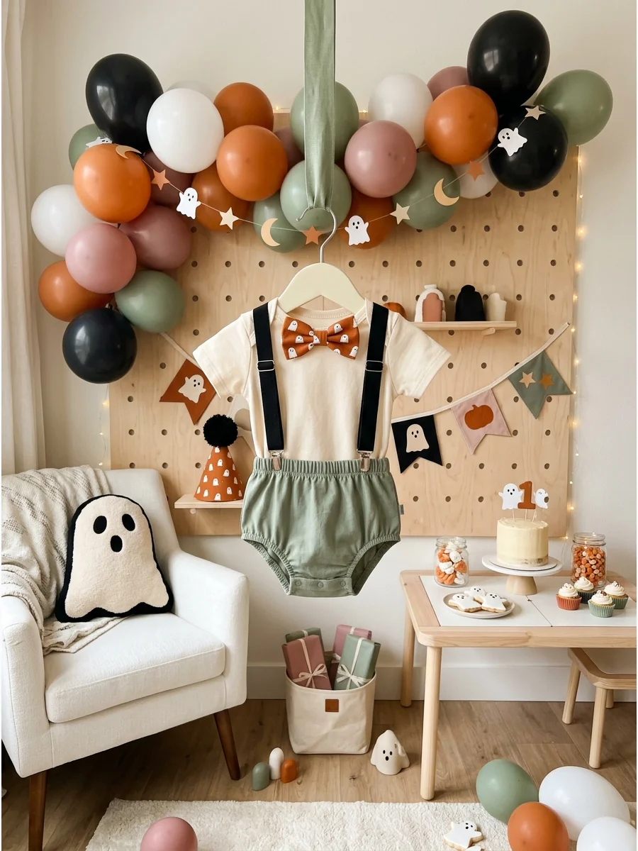 A baby boy's birthday outfit with black suspenders, an orange ghost-print bowtie, and a sage green diaper cover.