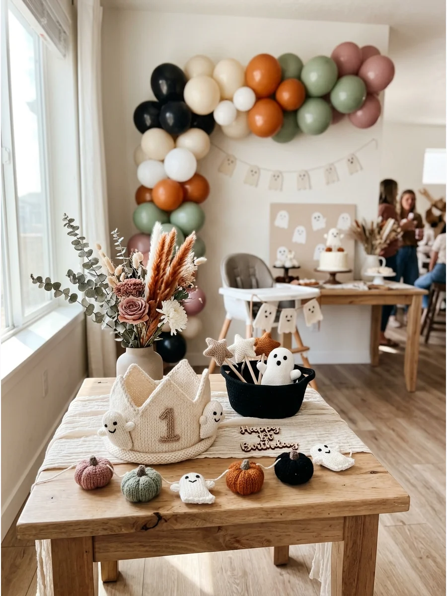 A cream hand-knit birthday crown featuring a number one and two small knit ghosts.