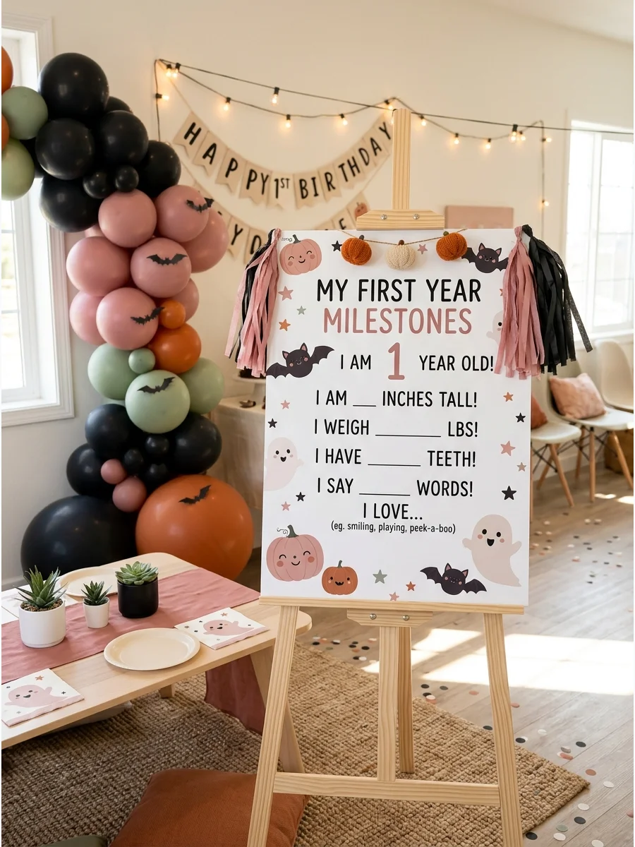 A milestone board for a first birthday decorated with bats and pumpkins in a pink and black color scheme.