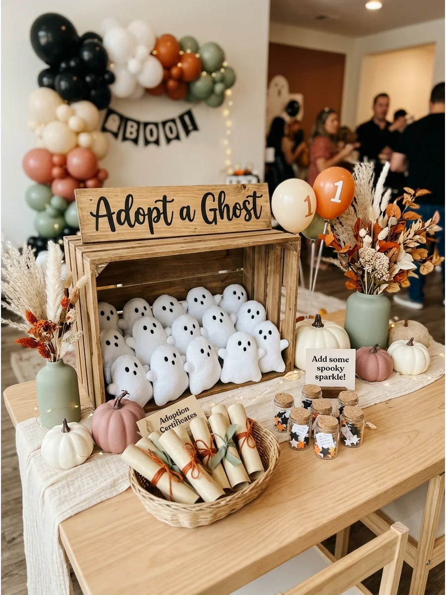 An Adopt a Ghost favor station with small white plush ghosts in a wooden crate and adoption certificates.