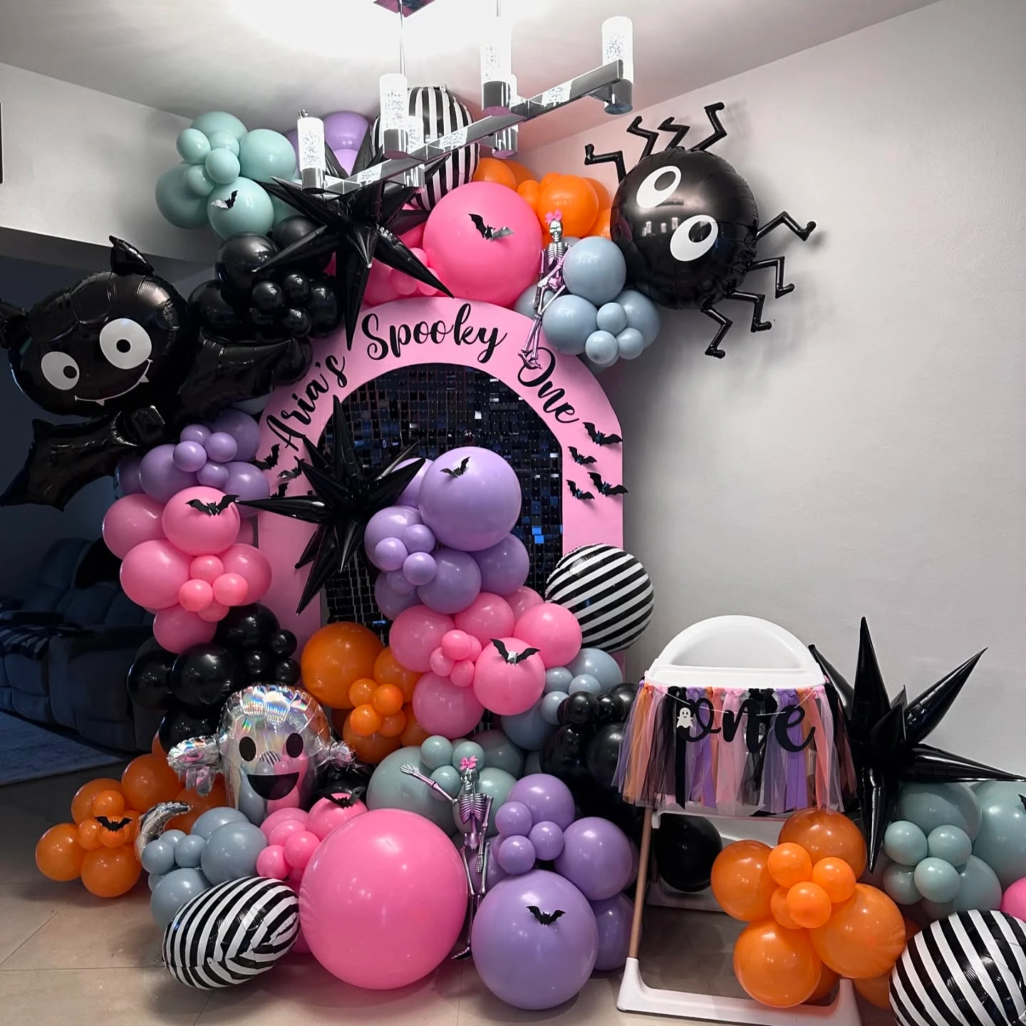 Vibrant Character Balloon Arch spooky one first birthday